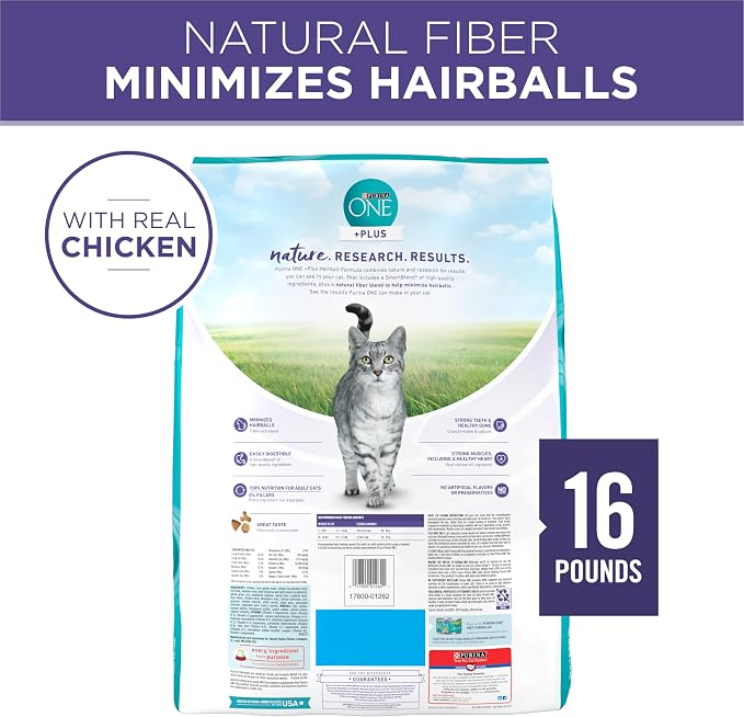 Purina ONE Natural Hairball Control Dry Cat Food, 16 lb Bag | High fiber blend made with real chicken. Antioxidant sources and added vitamins and minerals for overall health for cats.