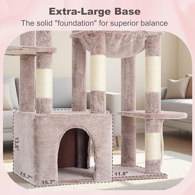 Heybly Heavy Duty Cat Tree with Large Base for Large Indoor Cats HCT026MU | Cat Tower with Scratching Posts, Tall Cat Condo House , Multi-Level Plush Furniture with Hammock & Toy Balls, Rosy Brown