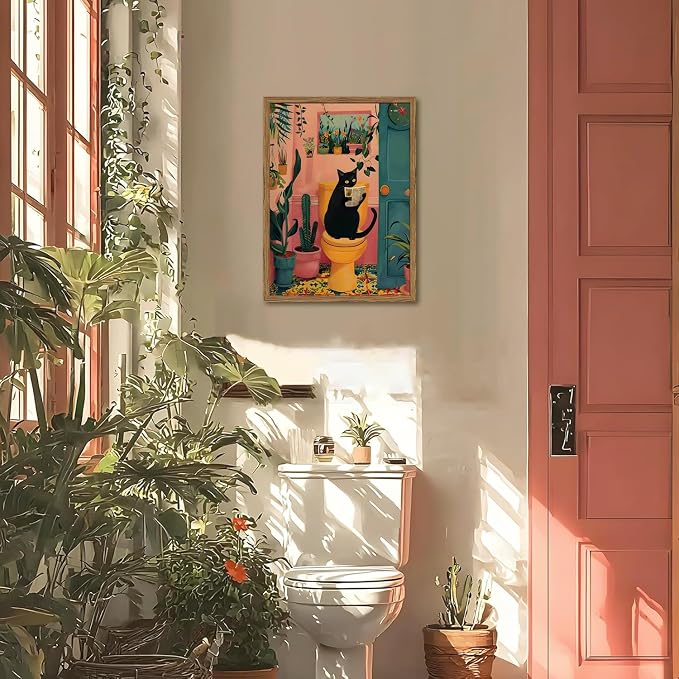 Funny Black Cat Bathroom Wall Art Whimsical Cat Reading Newspaper on Toilet Wall Decor Picture Cute Animal Bathroom Poster Canvas Painting Prints for Restroom 16x24 inch Framed