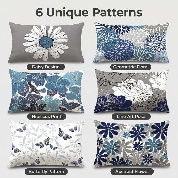 COMMINY Blue Grey Lumbar Pillow Covers 12x20 Set 6 Linen Throw Cover | Daisy Dhalia Pattern, Lumbar Pillow Size, Breathable Linen, hidden zipper, Bed Bench Office Chair, modern farmhouse decor