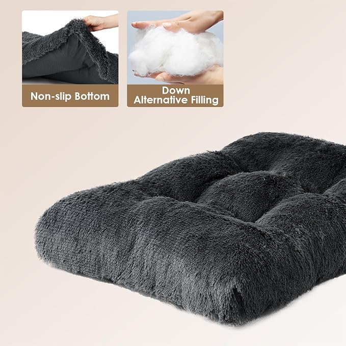EHEYCIGA Fluffy Dog Crate Bed for Large Dogs, Plush Faux Fur Pad, Dark Grey | Calming Anti Anxiety Large Dog Crate Bed, Washable Soft Warm Mat with Non-Slip Bottom