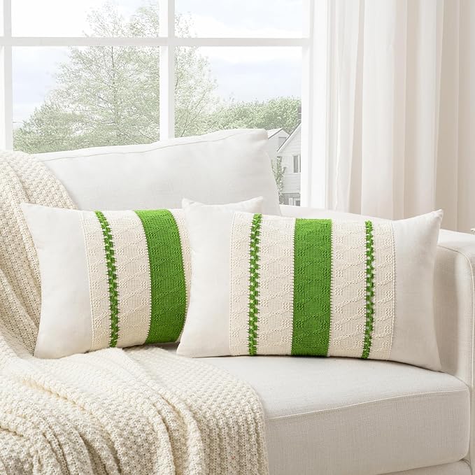 Fancy Homi Set of 1 Boho Lime Green Lumbar Decorative Throw Pillow Cover 12x20 Inch for Couch Bed Sofa Chair, Modern Organic Farmhouse Home Decor, Soft Cotton Cute Accent Rectangle Cushion Case