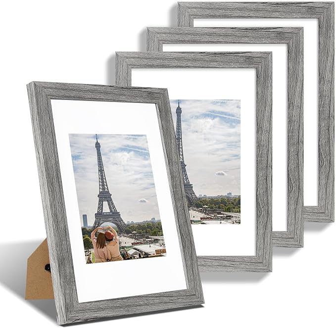 Hongkee 8x12 Picture Frame Set of 4, Made of Glass and Grey Wooden Frame - Display 6x8 Picture with Mat or 8 x 12 Poster Without Mat, 8 by 12 Photo for Wall or Tabletop