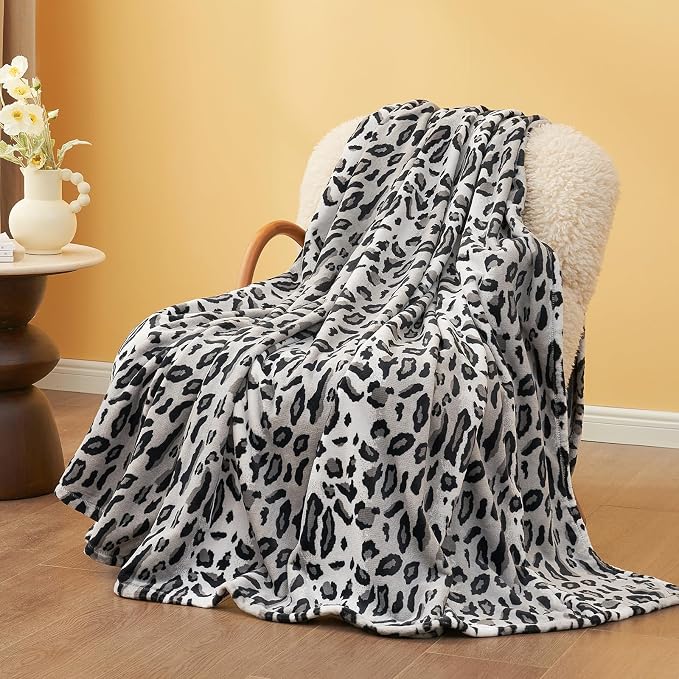 Cozy Bliss Leopard Print Fuzzy Throw Blanket for Bed & Couch, Thick Soft Warm Fleece Blankets for Room Decor, for Girls Kids Women Men, Snow Leopard, Grey 60"*80"