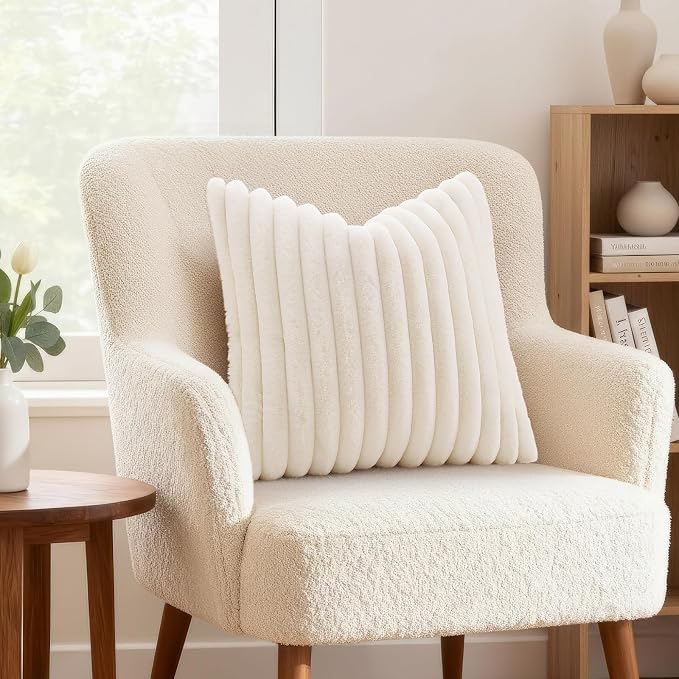 decorUhome Fall Faux Fur Throw Pillow Covers 20x20 Set of 2 Cream White | Decorative Soft Cozy Striped Plush Modern Farmhouse Boho Couch Pillow Cases Velvet Back for Sofa Bed Living Room Home Decor