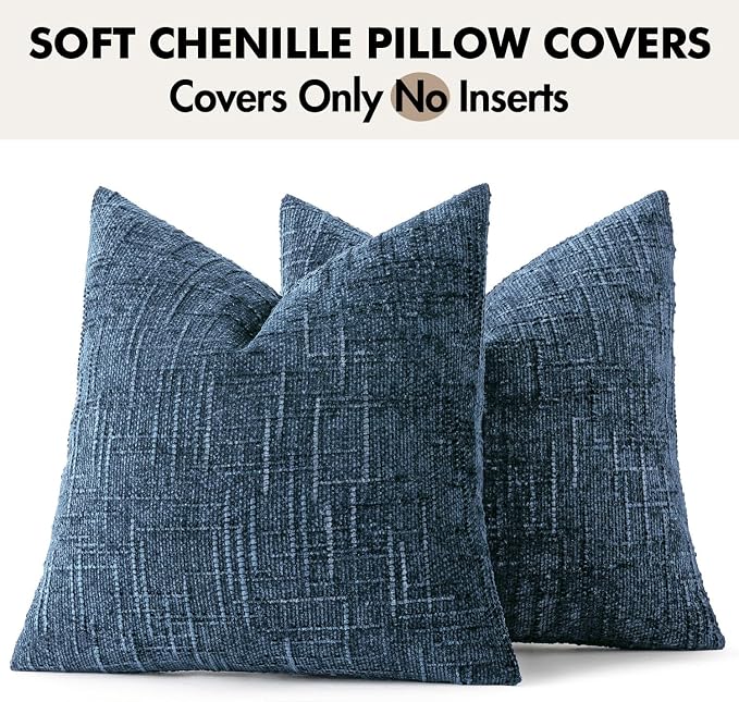 MIULEE Chenille Textured Throw Pillow Covers Blue Ashes 20x20 Set of 2 | Slubby Decorative Pillows, Boho Farmhouse Coastal Decor, Modern Neutral Cushion Covers for Couch Sofa Bed Living Room