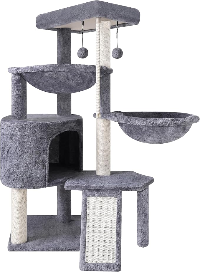 Three Layer Cat Tree with Cat Condo Scratch Pad and Two Hammocks,Grey | 3-Tier Cat Tree,Natural Sisal,Replaceable Hanging Balls,Sturdy Cat Furniture for Kitten&Adult Cat