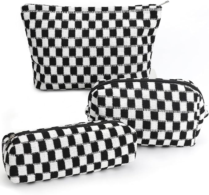 3 Pcs Makeup Bag Cosmetic Bag Set for Girls Women Checkered Travel Organizer Bathroom Toiletry Pouch Large Capacity Storage Bag (Black-White)