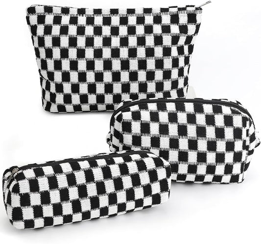 3 Pcs Makeup Bag Cosmetic Bag Set for Girls Women Checkered Travel Organizer Bathroom Toiletry Pouch Large Capacity Storage Bag (Black-White)