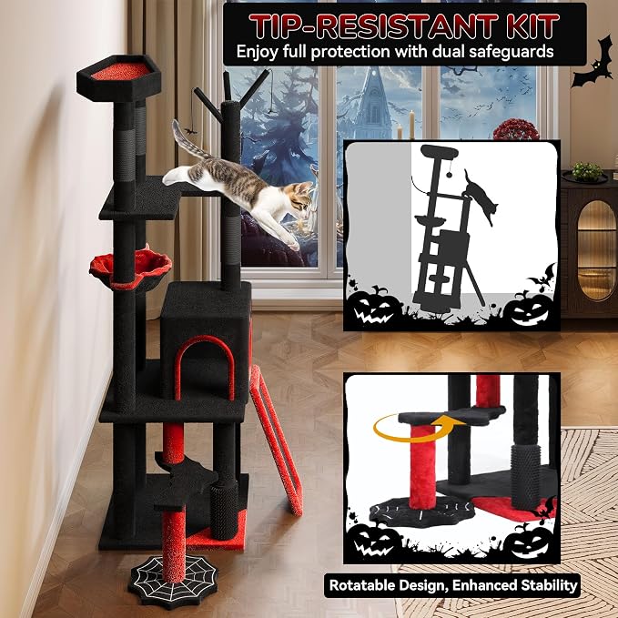 YITAHOME Gothic Cat Tree with Coffin Bed, 60" Tall Cat Tower for Indoor Cats with Top Perch, Spacious Cat Condos, Spider Hanging Balls,Comfy Basket, Scratching Post and Ladder, Black Halloween