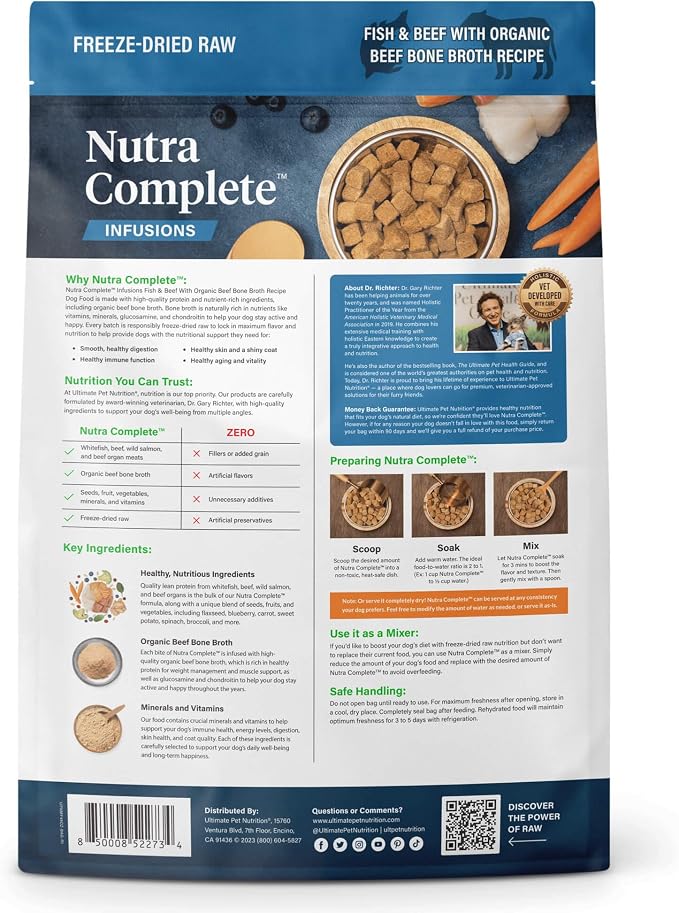 ULTIMATE PET NUTRITION Nutra Complete Bone Broth Infusions, 100% Freeze Dried Raw Veterinarian Formulated Dog Food with Antioxidants Prebiotics and Amino Acids, (3 Pound, Bone Broth Fish)