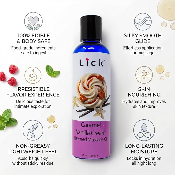 Lick Caramel Vanilla Cream Flavored Massage Oil – Tropical Edible Massage Oil with Sweet Almond Oil & Vitamin E, Hydrating Body-Safe Formula for Relaxing Couples Massage, 4 oz