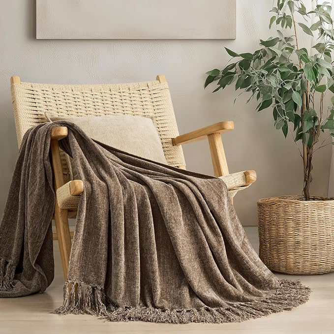 Chenille Knit Throw Blanket for Couch, 50"x60", Mocha Brown | Cozy Plush Fuzzy Knittd Throw with Tassels, Lightweight, Decorative, Farmhouse Decor, Ideal for Bed Sofa Gift, All Seasons