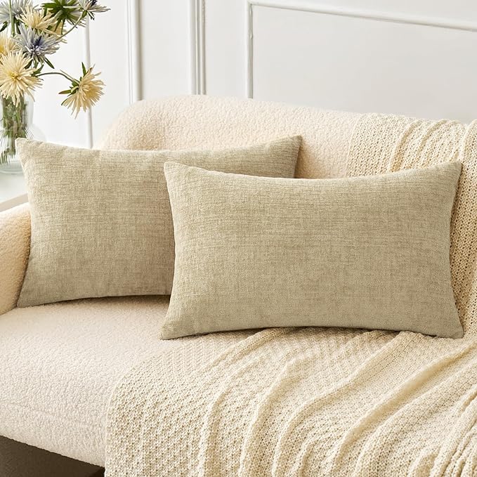MIULEE Soft Chenille Lumbar Throw Pillow Covers Beige 12x20 Inch Pack of 2 | Modern Home Decor, Classic Decorative Pillows, Solid Dyed Cases, Boho Couch Cushion Covers for Sofa Bed Living Room