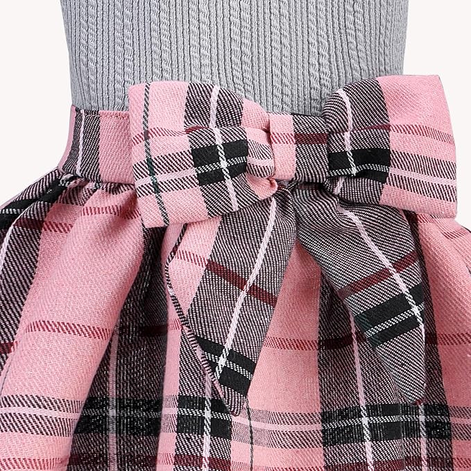 PUPTECK Cute Soft Plaid Dog Dress with Bow Puppy Skirt Clothes, Grey Pink M | Breathable Lightweight Adorable Puppy Doggie Pet Clothes Outfits Apparel Costume for Small Medium Large Dogs Girl