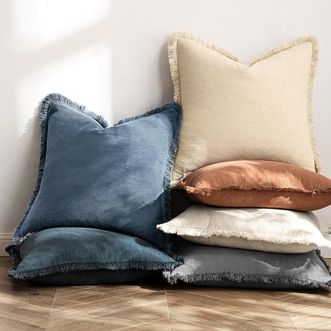 MIULEE Linen Fringe Decorative Euro Throw Pillow Covers Blue Ashes 24x24 | Set of 2, Cottagecore Decor, Boho Farmhouse Coastal Pillow Covers, Rustic Couch Cushion Cases for Sofa Bed Living Room