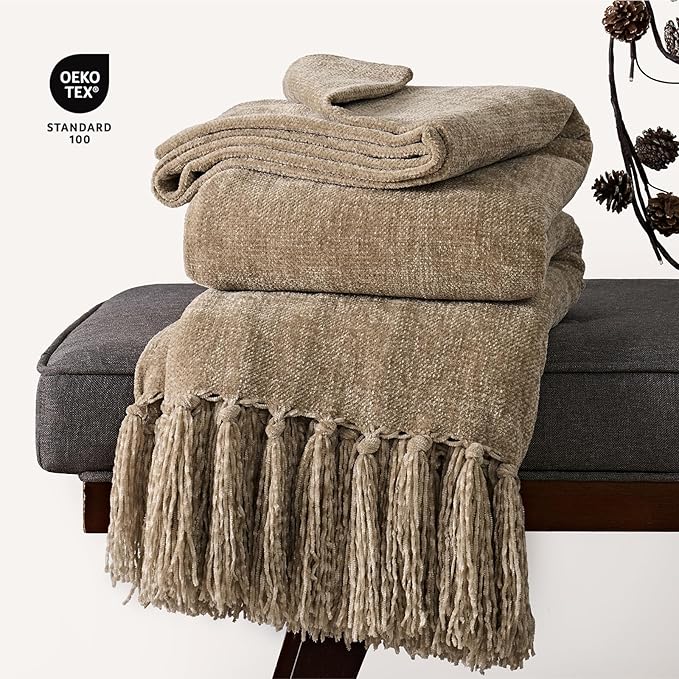 Chenille Knit Throw Blanket for Couch, 50"x60", Beige | Cozy Plush Fuzzy Knittd Throw with Tassels, Lightweight, Decorative, Farmhouse Decor, Ideal for Bed Sofa Gift, All Seasons