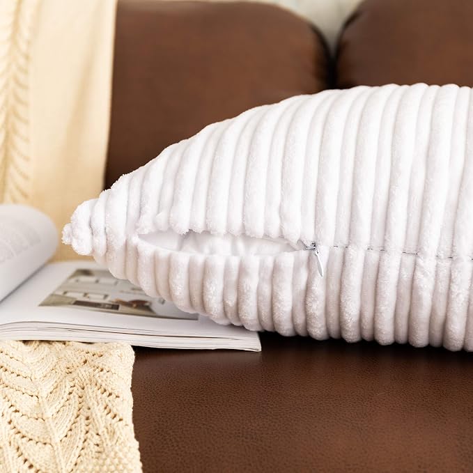 UGASA 14x20 Inch Pillow Cover Pack of 1 Soft Boho Stripe Corduroy Long Rectangular Lumbar Cushion Cover Farmhouse Decorative Throw Pillowcase for Bed, Couch, Sofa, Bedroom, Living Room, Pure White