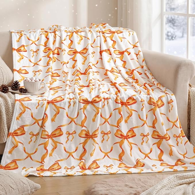Orange Bow Throw Blanket 50"x60" Soft Flannel for Girls Women | Coquette Aesthetic Decor with Ruffled Edges, Ultra Plush Bed Sofa Blanket, Preppy Gift for Teens, Back to School Dorm Room