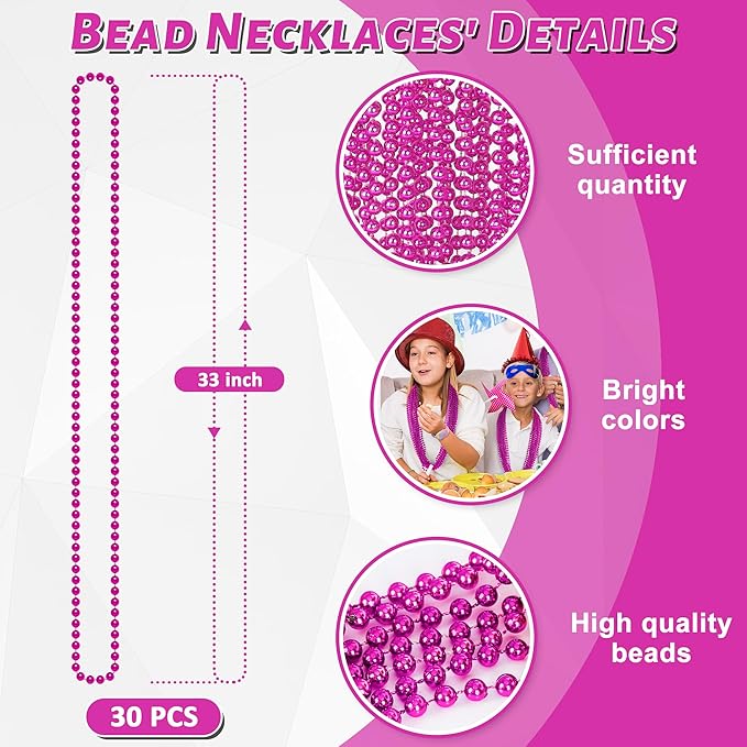 30PCS Mardi Gras Beads, Breast Cancer Awareness Accessories Necklace Party Favors, 33" Mardi Gras Valentines Necklace Stuff, Festival Parade Throw Accessories for Wedding Birthday Gender Reveal