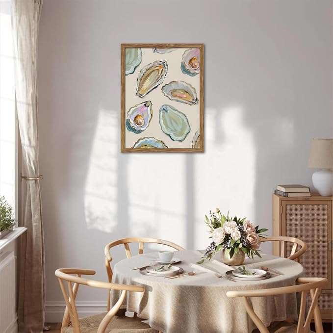Framed Oyster Shell Canvas Wall Art, Colorful Abstract Wall Art Print, Coastal Beach House Wall Decor, Summer Dining Room Picture Poster, Modern Kitchen Oyster Oil Painting Artwork 12x16 inch