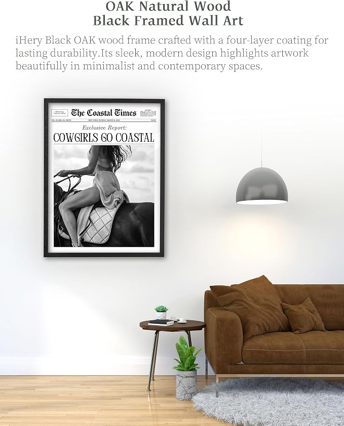 iHery 12x16in Cowgirls Go Coastal Framed Newspaper Wall Art | Premium Black Natural OAK Wood Frame with Canvas Print, Western Horseback Decor for Bedroom, Dorm, Living Room 1Pack