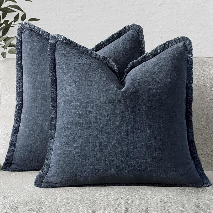 MIULEE Boho Linen Fringe Decorative Throw Pillow Covers Indigo Blue 20x20 | Set of 2, Cottagecore Decor, Boho Farmhouse Coastal Pillow Covers, Rustic Couch Cushion Cases for Sofa Bed Living Room