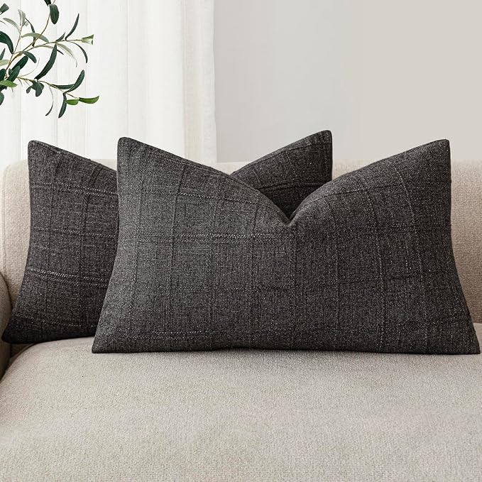 Foindtower Set of 2 Decorative Linen Check Throw Pillow Covers Neutral Farmhouse Lumbar Cushion Covers Modern Boho Home Decor for Sofa Chair Couch Bedroom Living Room,12×20 Inch,Charcoal