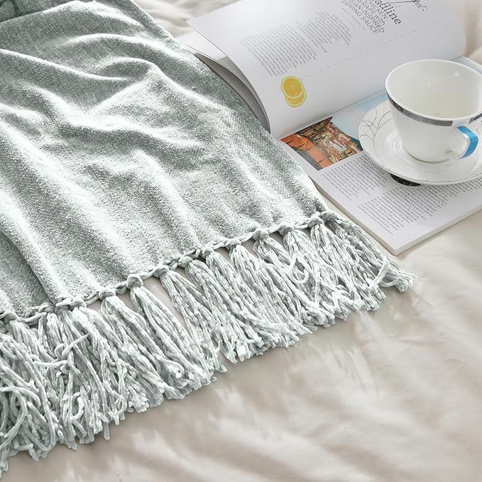 CozeCube Chenille Throw Blanket, Baby Blue Fringe Blanket, 60"X80" | For Couch, Cozy Plush Fuzzy Decorative Blanket with Fringe Tassels, Lightweight Throws for Bed Sofa Gift Home Decor