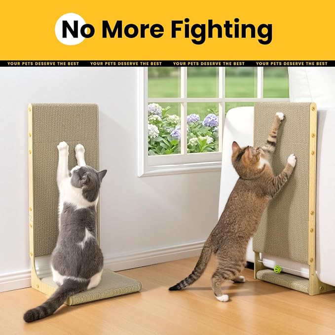 Conlun Cardboard L Shape Cat Scratcher | 26" Vertical Wall-Leaning Scratching Board & Cosy Lounge Bed, Sofa Protector with Bell Toy,Wood Grain，Large(2 Pack)