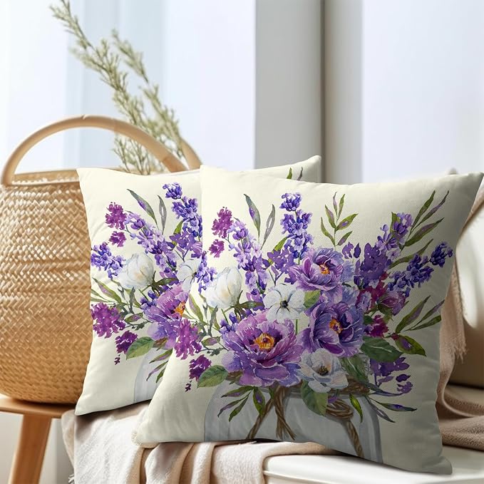 Kawani Lavender Flowers Throw Pillow Covers 20x20 Inch 2Pcs Watercolor Summer Purple Floral Leaves Mason Jar Farmhouse Pillowcases Cotton Linen Cushion Cover for Couch Sofa Bed Home Decor
