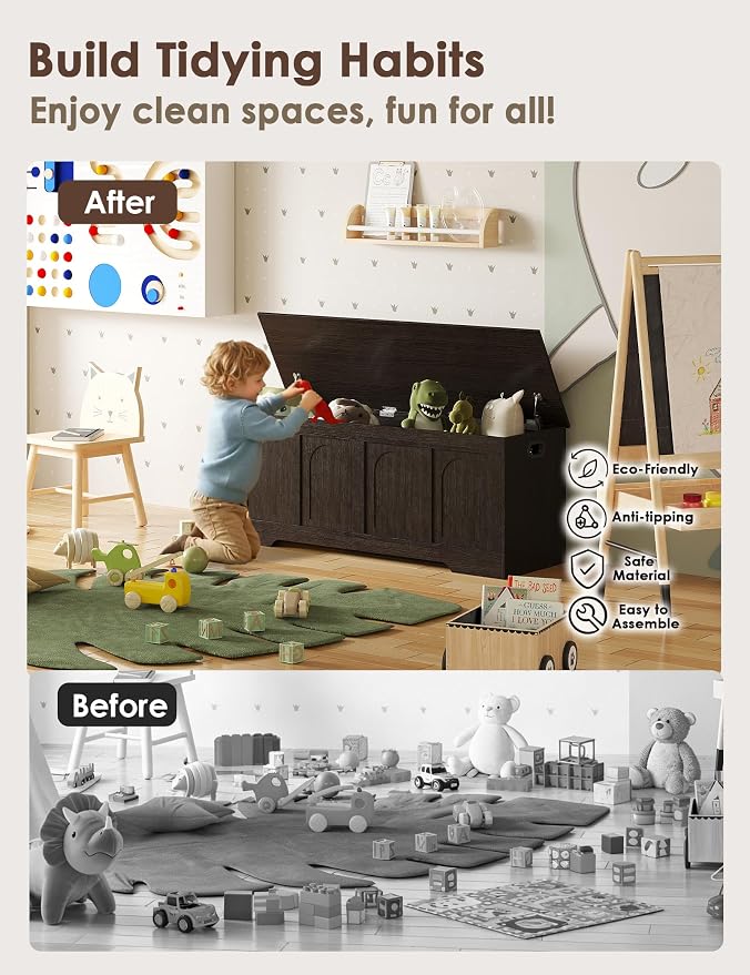 Storage Chest, Wooden Toy Box, Espresso 47.2" L | Entryway Shoe Bench, 2 Soft-close Hinges, Finger-safe Flip-Top Lid, Easy Assembly, Farmhouse Large Trunk, Living Room/Bedroom