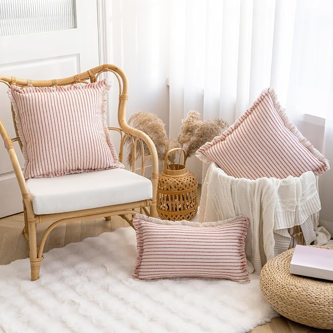 YEENAASY Throw Pillow Covers 24x24 Boho Striped Pillow Cases with Tassel | Set of 2 Fringe Pillow Cover Farmhouse Cushion Covers Neutral Pillows Decorative Square Pillowcase for Couch Sofa Bed, Red