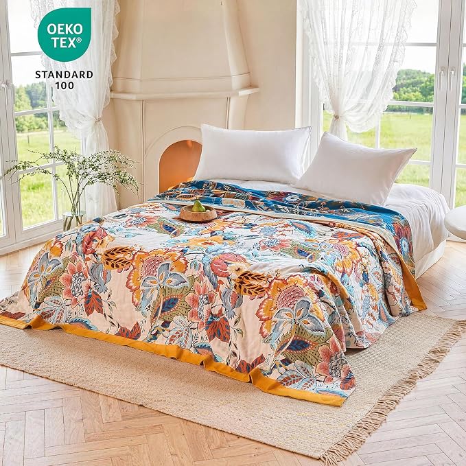 MSGKV Boho Throw Blanket 90"x90" Summer Cotton Floral Blanket for Couch | 100% Cotton Muslin, Floral Throw Blanket, Reversible Weave, Soft & Breathable, Everyday Home Comfort, Machine Washable