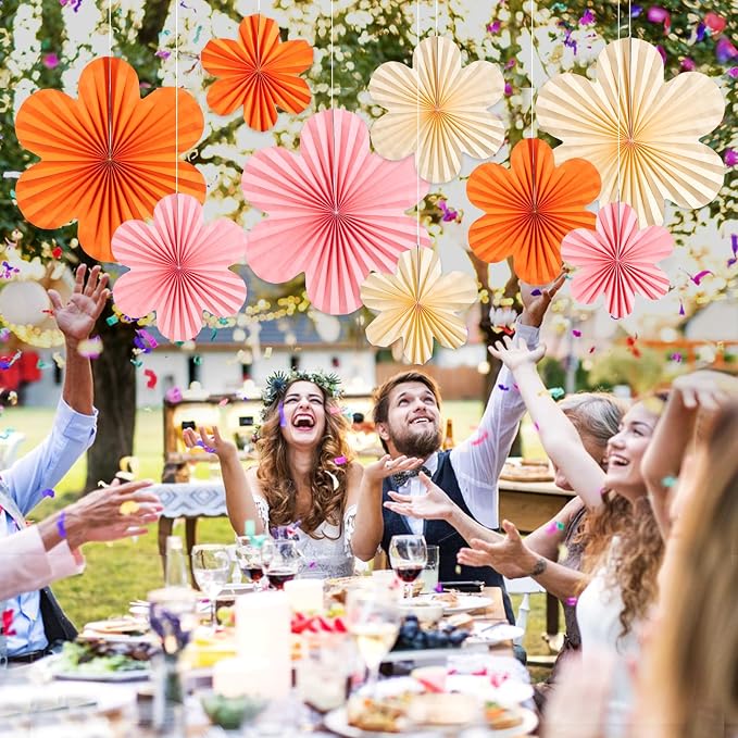 SUNBEAUTY Paper Flowers Decorations Pink and Orange for Wall Paper Fans Classroom Decoration Paper Floral Backdrop Decor Paper Fans Decor Hanging Paper Fans Orange Flower Wall Decor Set of 9