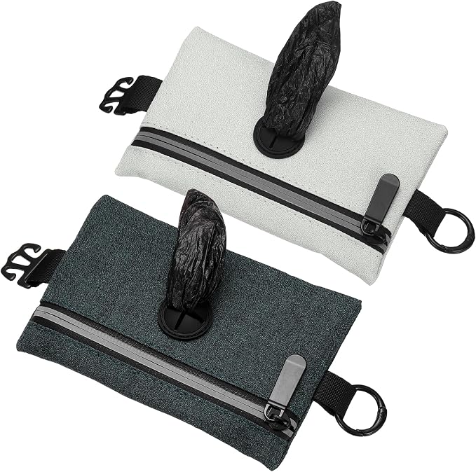 Dog Poop Bag Holder, Pet Waste Bag Dispenser Dog Treat Pouch with Zipper Oxford Cloth Portable Reusable Easy Cleanup(2Pcs, Gray/Black), Intended for Outdoor/Travel/Walking