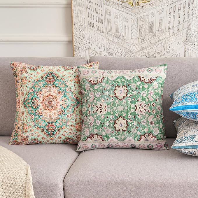 Boho Floral Throw Pillow Covers 20x20 inch Set of 2,Boho Rug Geometric Floral Pattern Decor Double Sided Pattern Cushion Cover Soft Pillow Case Living Sofa Room Bed Square Pillow Cover