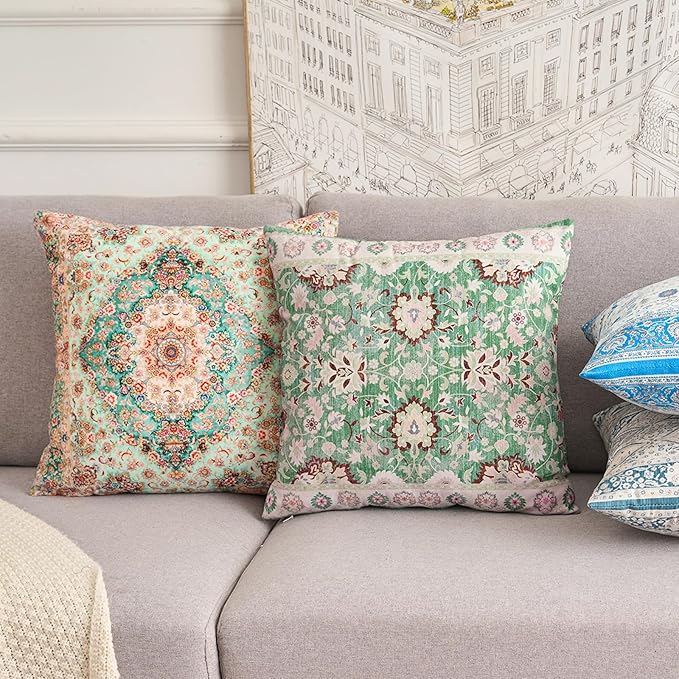 Boho Floral Throw Pillow Covers 18x18 inch Set of 2,Green Boho Rug Geometric Floral Pattern Decor Double Sided Pattern Cushion Cover Soft Pillow Case Living Sofa Room Bed Square Pillow Cover