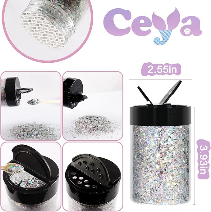 Ceya Holographic Chunky Glitter, 4.9oz/ 140g Silver Craft Glitter Powder Mixed Chunky Fine Flakes Iridescent Nail Sequins for Nail Art, Hair, Epoxy Resin, Tumblers, Slime, Painting, Festival Decor