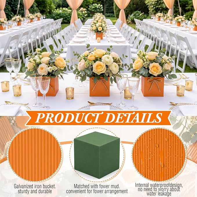12 Pack Galvanized Square Vases with Floral Foam, 3.5 inch Waterproof Rustic Tin Buckets with Twine Bows, Mini Farmhouse Metal Planter Centerpieces for Wedding Party Table Decor(Orange)