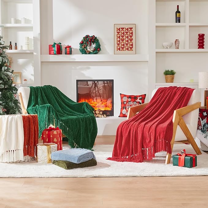 CozeCube Chenille Throw Blanket, Christmas Green Fringe Blanket, 60"X80" | For Couch, Cozy Plush Fuzzy Decorative Blanket with Fringe Tassels, Lightweight Throws for Bed Sofa Gift Home Decor