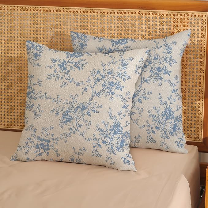 Baby Blue and Cream Flower Pillow Covers 18x18 Set of 2 Chinoiserie Floral Decorative Throw Pillows Vintage Toile Flower Pillowcase Linen Outdoor Farmhouse Cushion Cover for Couch Sofa Decor