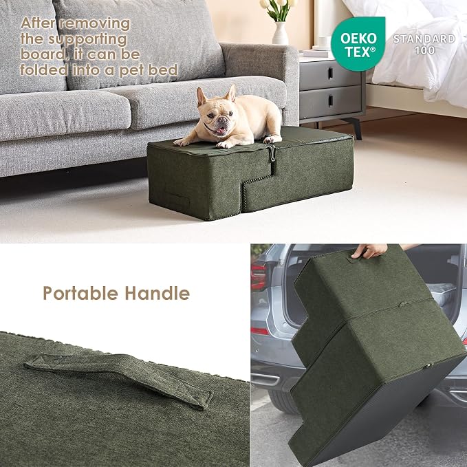 EHEYCIGA Dog Stairs for Bed 18" H, 4-Step Extra Wide Dog Steps for High Bed, Pet Steps for Small Dogs and Cats, Non-Slip Balanced Pet Ramp Indoor, Military Green