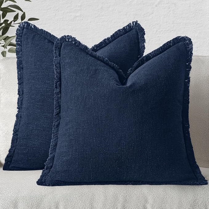 MIULEE Boho Linen Fringe Decorative Throw Pillow Covers Dark Navy 18x18 | Set of 2, Cottagecore Decor, Boho Farmhouse Coastal Pillow Covers, Rustic Couch Cushion Cases for Sofa Bed Living Room