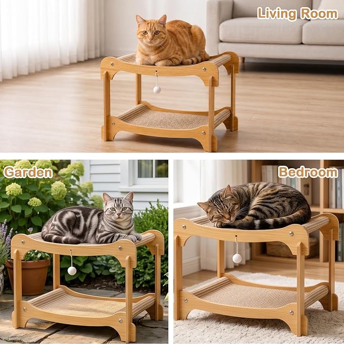 Two-Tier Sisal Cat Scratcher Bed, Solid Cats Scratching Post Hammock Lounge for Indoor Cats, Comfortable Cat Bed Natural Sisal Scratch Pad for Cats Scratcher Lounge, Sturdy Wooden Cat Furniture
