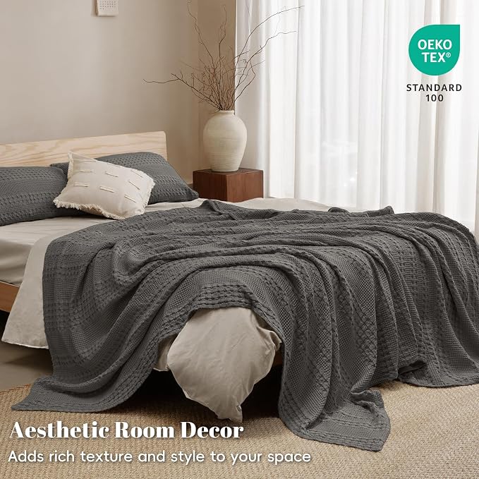 PHF 100% Cotton Waffle Weave Blanket Queen Size, Lightweight Breathable Summer Blanket for Hot Sleepers, Pre-Washed Soft Layer for Bed, Couch, Aesthetic Home Decor & Gift, 90"x90", Charcoal