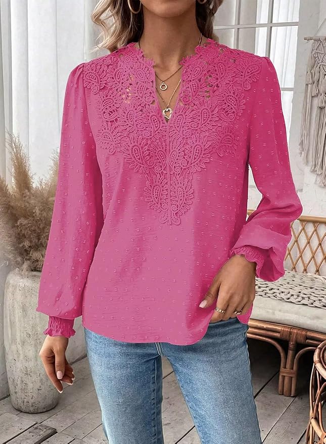 Womens Tops Swiss Dot Boho Long Sleeve Shirts V Neck Casual Chiffon Blouses Flowy Lace Hem Cute Clothing Trendy 2026