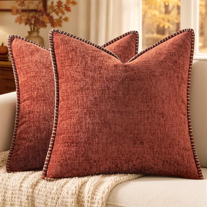 MIULEE Fall Decorative Couch Throw Pillow Covers 18x18 Inch Burnt Orange | 2 Pack, Terracotta Farmhouse Pillow Covers with Stitched Edge, Soft Chenille Cushion Cases, Sofa Bed Living Room Home Decor