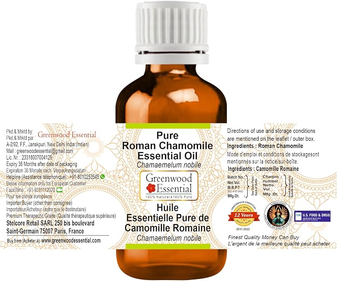 Greenwood Essential Roman Chamomile Essential Oil (Chamaemelum nobile) Pure | Non-Sticky | Non-Greasy | Lightweight | Men & Women | All Skin Types | Steam Distilled 5ml (0.16 oz)