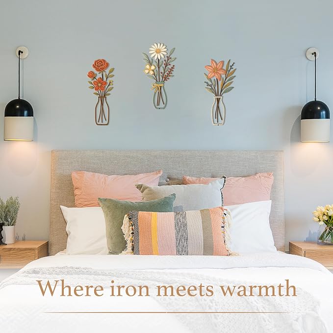 CarryWise 3 Piece Metal Flower Wall Art for Bedroom Living Room Rustic Farmhouse Floral Wall Decor for Bathroom Dining Room Boho Home Decorations Modern Minimalism Walls Hanging Sculptures